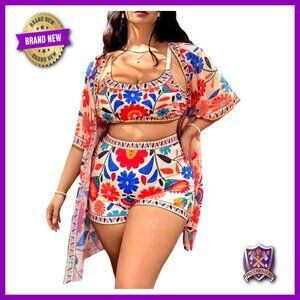 Plus Size 3 Piece Bikini Set High Waisted with Kimono Cover Up